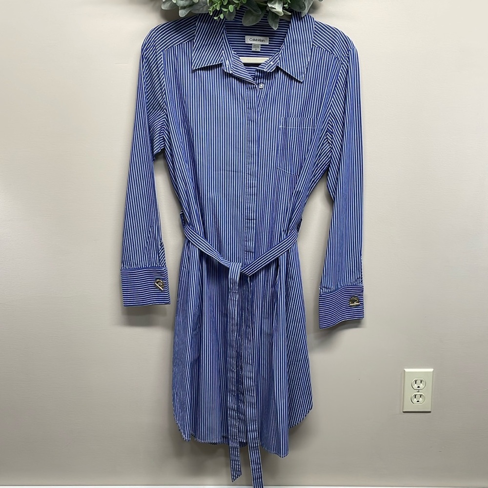 NWOT Calvin Klein Long Sleeve Striped Shirt Dress Pockets Gold Toggle 12